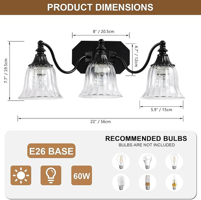 Black Vintage Bathroom Vanity Light Fixture, 3-Light Vanity Light for Bathroom, Antique Matte Black Finish with Crystal Glass Shade, Lighting Fixtures Over Mirror for Bedroom Living Room