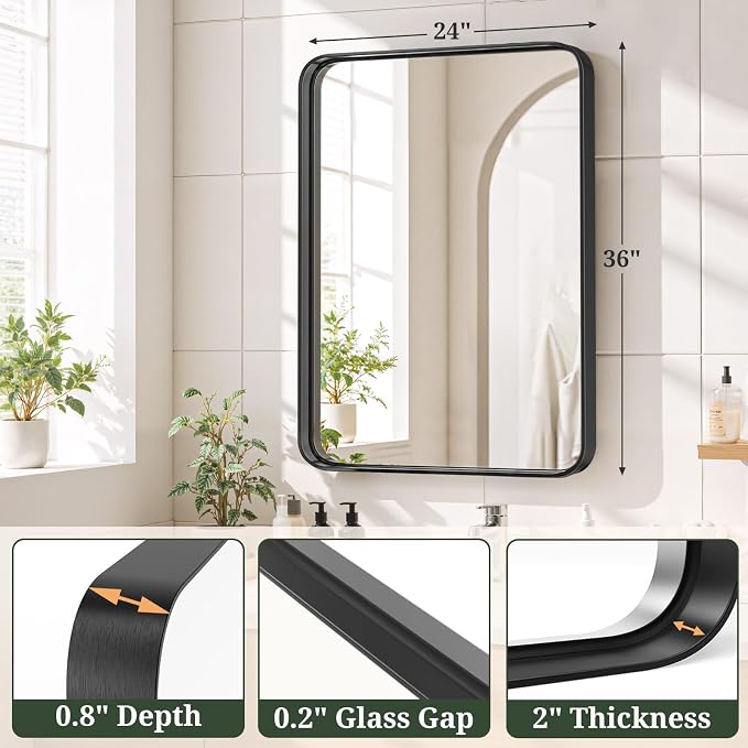 Bathroom Mirror 36x24 Inch Black Metal Frame Rectangle Vanity Mirror | Modern Wall Mounted Anti-Rust Mirror with Rounded Corners for Farmhouse, Restroom, Entryway, Horizontal or Vertical Hanging