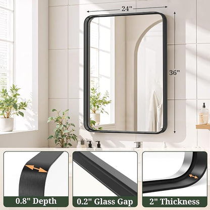 Bathroom Mirror 36x24 Inch Black Metal Frame Rectangle Vanity Mirror | Modern Wall Mounted Anti-Rust Mirror with Rounded Corners for Farmhouse, Restroom, Entryway, Horizontal or Vertical Hanging