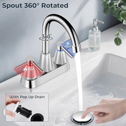 4 inches Bathroom Faucet for 3 Hole,2-Handle Bathroom Sink Faucets with Pop Up Drain (Chrome)