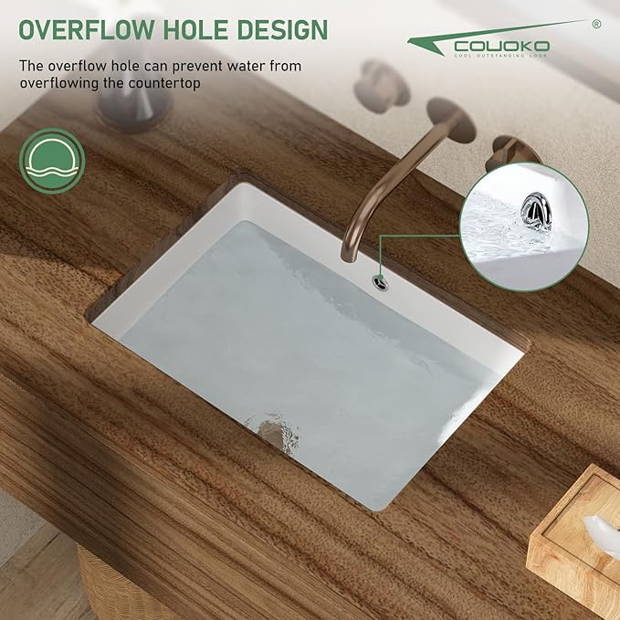 Undermount Bathroom Sink 21x15 Inch White Rectangle Porcelain Vessel Sinks with Curves Bottom Deep Basin with Overflow Lavatory Vanity Sink Mounted Under the Counter