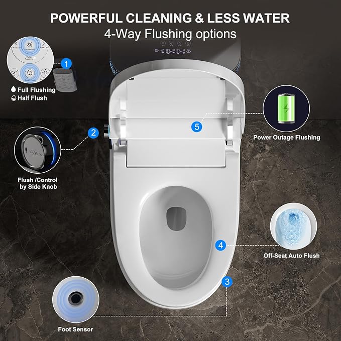 Smart Toilet with Bidet Built in, Elongated Bidet Toilet with Auto Soft Open/Close, Auto Flush, One Piece Toilet with Warm Wash & Dryer, Heated Seat, LED & Night Light, Self-Cleaning, Full/Half Flush