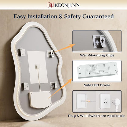 Keonjinn Irregular Backlit Bathroom Mirror 40 x 24 Inch, HD Tempered Glass | Asymmetrical Cloud LED Bathroom Mirror, 3000K/4500K/6000K, Dimmable, Fast & Safe Defog, Memory Function, Horizontal/Vertical