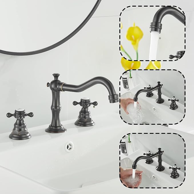 2 Handles 3 Holes Faucet Widespread Bathroom Sink Faucet Oil Rubbed Bronze Basin Tap Mixer Supply Hose Included Matching Pop Up Drain