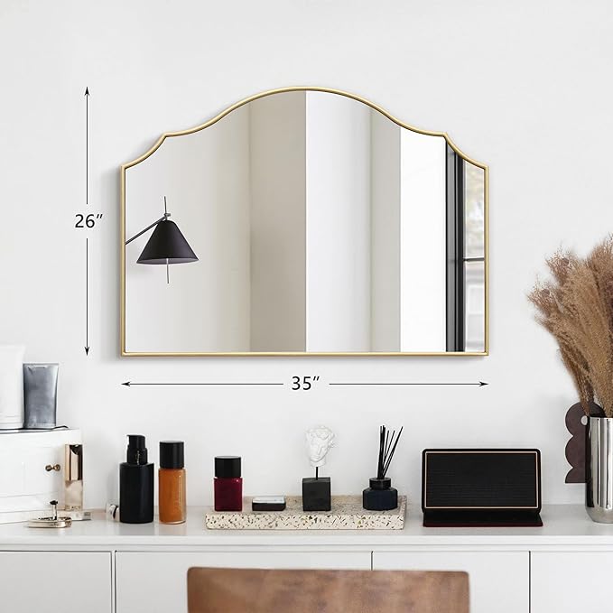 Besdomus Gold Scalloped Dresser Mirror: 35"x26" Wooden Bathroom Mirror | Modern Minimalist Decorative Arched Wall Mirror for Vanity/Mantel/Bedroom/Entryway/Fireplace/Nightstand/Dining Room/Over Sink