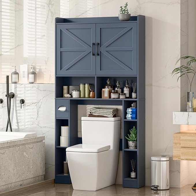 Vabches Over The Toilet Storage Cabinet with Barn Doors, Blue | Toilet Cabinet Rack, Space Saving Bathroom Organizer with Shelves, Toilet Paper Holder and Towel Rack for Bathroom,Laundry.
