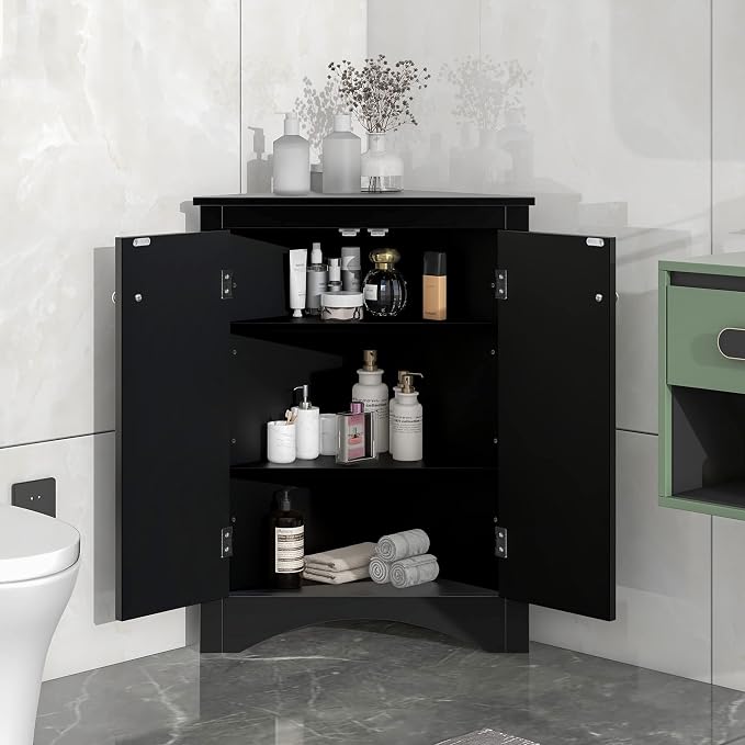 Corner Storage Cabinet with Two Doors for Bathroom, Living Room or Kitchen, Adjustable Shelf, Freestanding Floor Space Saver, Black