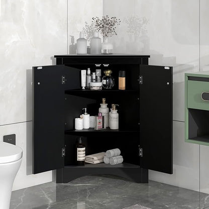 Corner Storage Cabinet with Two Doors for Bathroom, Living Room or Kitchen, Adjustable Shelf, Freestanding Floor Space Saver, Black