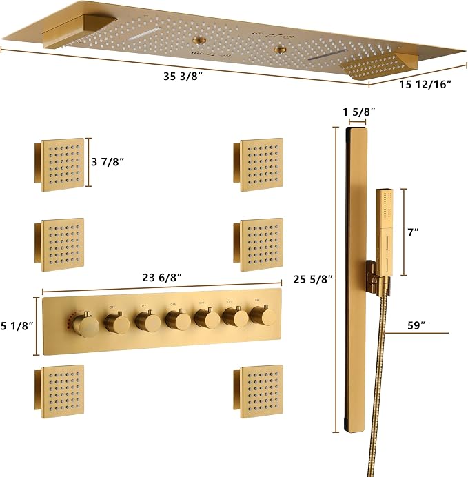 CASAINC Thermostatic Shower System 35x16 Inch Luxury 6 Functions Shower Jets System, Multifunctional Full Body Shower System with Sliding Rod 2 in 1 Handheld, LED & Music (Brushed Gold)