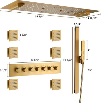 CASAINC Thermostatic Shower System 35x16 Inch Luxury 6 Functions Shower Jets System, Multifunctional Full Body Shower System with Sliding Rod 2 in 1 Handheld, LED & Music (Brushed Gold)