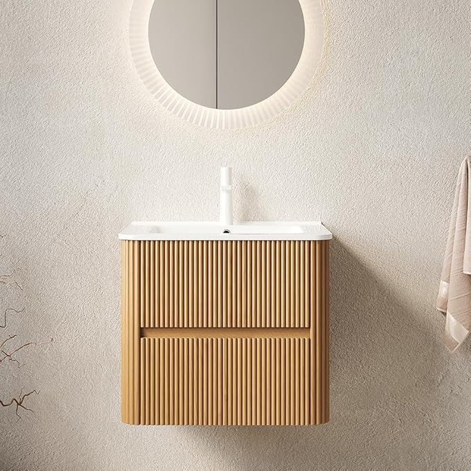 24" Floating Bathroom Vanity with Sink, Wall Mounted Modern Bathroom Cabinet with 2 Soft Close Drawers, Oak & Plywood, Pre-Assembled with Integrated Ceramic Basin – Bruges, Natural Wood