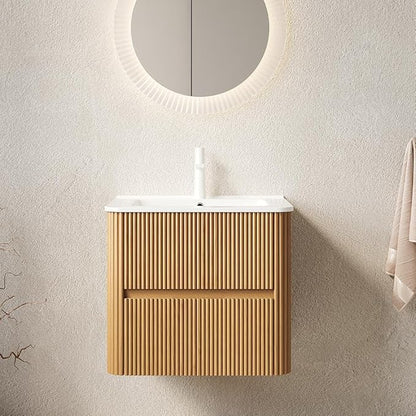 24" Floating Bathroom Vanity with Sink, Wall Mounted Modern Bathroom Cabinet with 2 Soft Close Drawers, Oak & Plywood, Pre-Assembled with Integrated Ceramic Basin – Bruges, Natural Wood