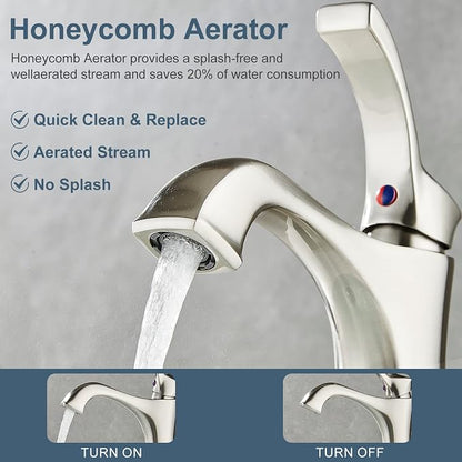 Brushed Nickel Bathroom Faucet, Sanliv Single Handle Centerset Bathroom Sink Faucet with Pop-Up Drain & Deck Plate for 1 or 3-Hole (4 inch) Installation, Modern Farmhouse Vanity Faucet Brushed Nickel