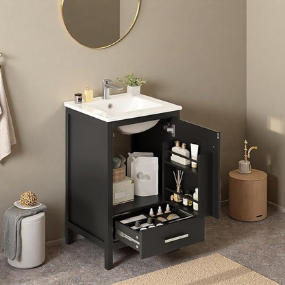 20" Freestanding Bathroom Vanity with Sink, Floor Stand Bathroom Storage Cabinet with Ceramic Sink, Door with Double-Layered Storage Shelves, Modern Compact Vanity with Divided Drawer, Black