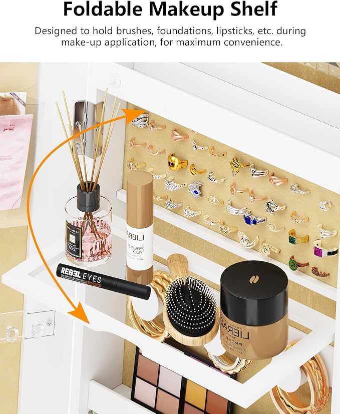 Full Length Mirror with Jewelry Storage, 360° Rotating Jewelry Armoire Organizer with Lights, Lockable Mirror Jewelry Cabinet Standing, Jewelry Mirror Cabinet for Gifts (White)