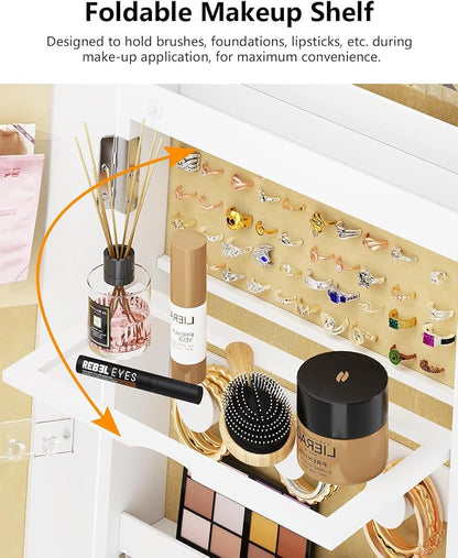 Full Length Mirror with Jewelry Storage, 360° Rotating Jewelry Armoire Organizer with Lights, Lockable Mirror Jewelry Cabinet Standing, Jewelry Mirror Cabinet for Gifts (White)
