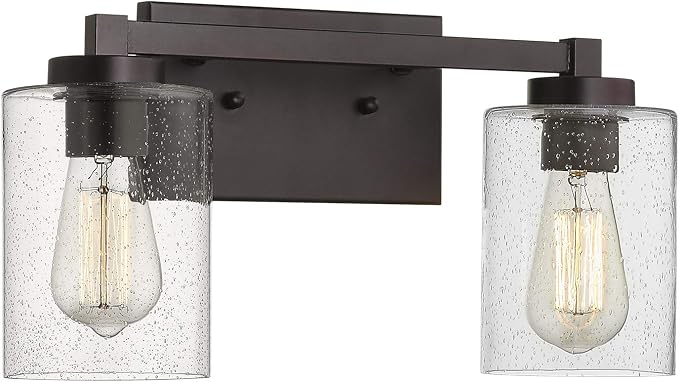 Beionxii 16In Farmhouse Bathroom Light Fixtures,Rustic Vanity Light Fixture | 2-Light Bathroom Vanity Light Fixture, Seeded Glass Shade, Oil Rubbed Bronze Over Mirror for Bathroom Living Room, BXMB9002-2