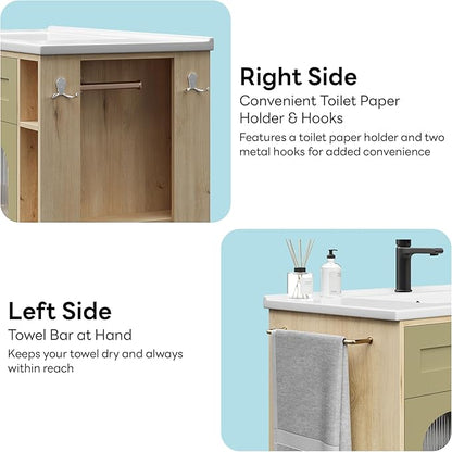 LIKIMIO 24 Inch Bathroom Vanity with Sink, Compact Bathroom Cabinet with Integrated Ceramic Sink, Arched Glass Door Storage with Adjustable Shelf, Towel Bar & Toilet Paper Holder for Small Bath