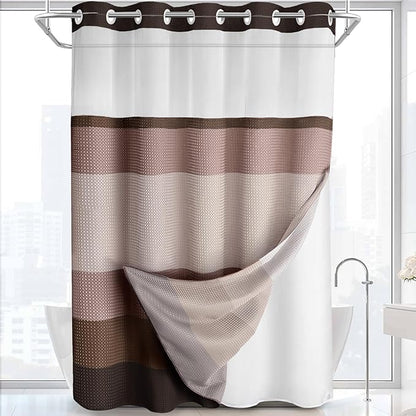 No Hook Shower Curtain with Liner Set Hotel Waffle Brown Striped 72W X 75L | Washable Snap in Fabric Liner, Mesh Top Window, Waffle Hotel Style Shower Curtain Set
