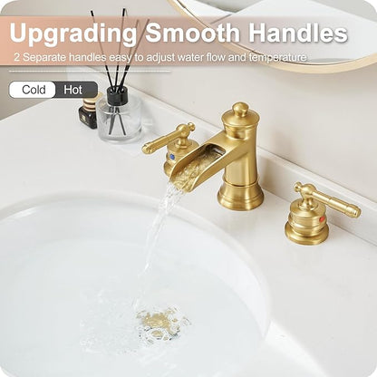 Gold Bathroom Faucet Waterfall, Brass 4-16 Inch Bathroom Faucets 3 Hole, Widespread 2 Handles with Pre-installed Water Hose & Pop-Up Drain for Vintage Vanity Washroom, 10 Mins Quick Installation