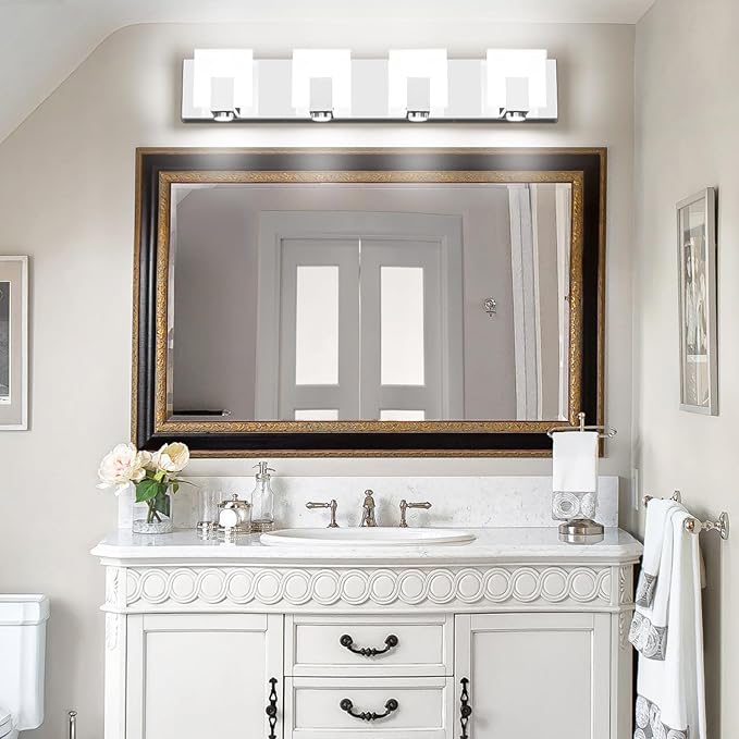 SOLFART Bathroom Light Fixtures Over Mirror Chrome Dimmable LED Vanity Lights 4 Lights Stainless Steel Acrylic Shade