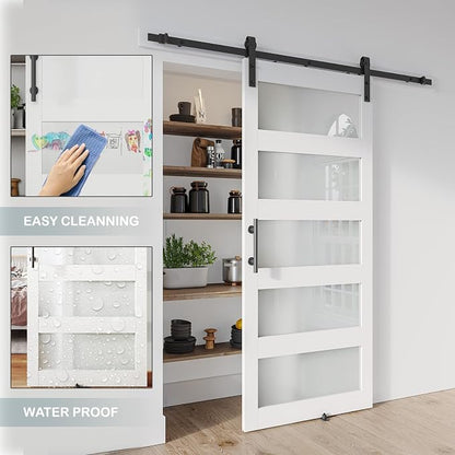 36'' x 80'' Glass Barn Door and 6.6Ft Hardware Kit Included White | MDF White Barn Door Slab with Frosted Glass, PVC Surface, Combined with Handle and Floor Guide-Assembly Required