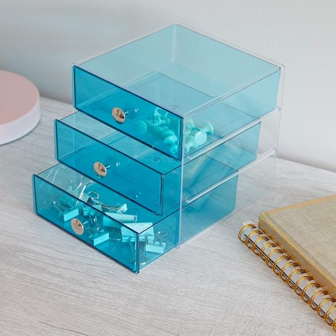 iDesign 3-Drawer Vanity Organizer, Aqua, 6.5" x 6.5" x 6.5" | BPA-Free Plastic