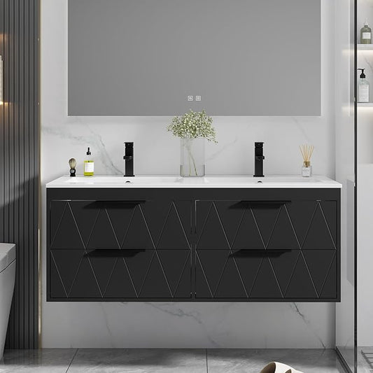 eclife 48" Bathroom Vanities Cabinet with Sink Combo, Wall Mounted Floating Cabinet W/Decor Line, Soft-Close System, 4 Extra Big Drawers, Matte Black Faucet, Black