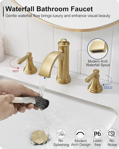 Brass Bathroom Waterfall Faucet, 4-16 Inch Brushed Gold Bathroom Faucet Widespread Bathroom Sink Faucet, 2 Handles Bathroom Faucets for Sink 3 Hole with Pop Up Drain, Water Hoses