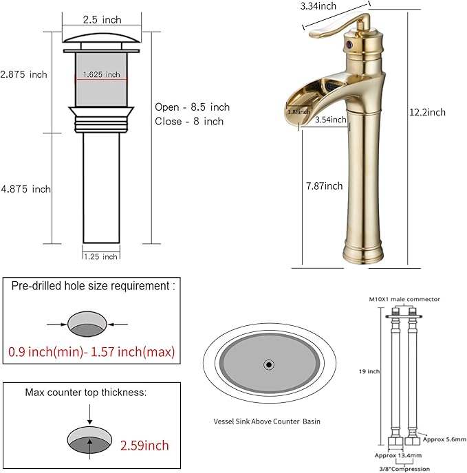 Brushed Gold Bathroom Faucet GGStudy Waterfall Bathroom Faucet Single Handle One Hole Tall Body Farmhouse Bathroom Vessel Sink Faucet Vanity Faucet Matching with Pop Up Drain