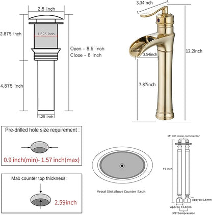 Brushed Gold Bathroom Faucet GGStudy Waterfall Bathroom Faucet Single Handle One Hole Tall Body Farmhouse Bathroom Vessel Sink Faucet Vanity Faucet Matching with Pop Up Drain
