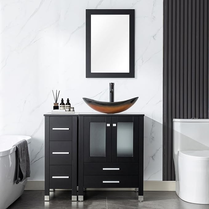 LUCKWIND 36" Bathroom Vanity Combo with Sink, 24"+12.6" Width, Painted Bathroom Storage Cabinet with 5 Drawers, Including Brown Boat Sink Without Mirror, Black