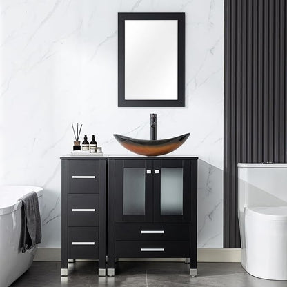 LUCKWIND 36" Bathroom Vanity Combo with Sink, 24"+12.6" Width, Painted Bathroom Storage Cabinet with 5 Drawers, Including Brown Boat Sink Without Mirror, Black