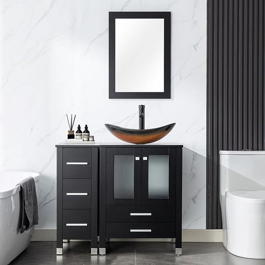 LUCKWIND 36" Bathroom Vanity Combo with Sink, 24"+12.6" Width, Painted Bathroom Storage Cabinet with 5 Drawers, Including Brown Boat Sink Without Mirror, Black