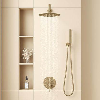 BESy Shower System with 10 Inch Round Rain Shower Head and Handheld Wall Mounted, High Pressure Rainfall Shower Faucet Fixture Combo Set with 2 in 1 Handheld Showerhead for Bathroom, Gold
