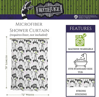 Beetlejuice Halloween 13-Piece Shower Curtain Set, 72 x 72 Inch Fabric Curtain with Hooks, Bathroom Decor, Machine Washable, (100% Officially Licensed Product) by Franco Collectibles