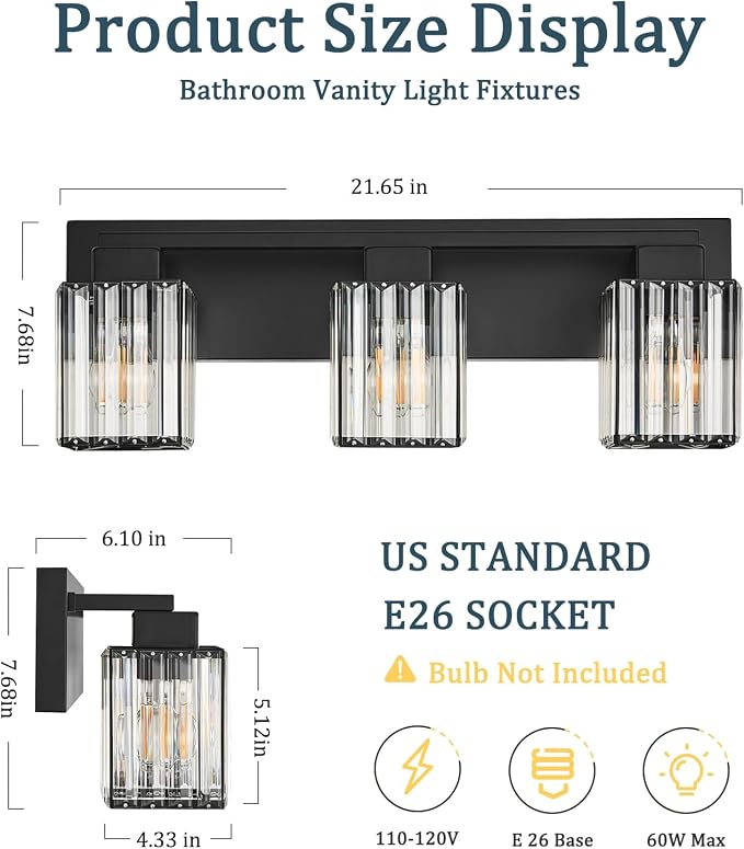 3-Light Modern Bathroom Light Fixtures, Black Vanity Light Over Mirror | Bathroom Vanity Wall Light with Square Crystal Shades, Vanity Lights for for Mirror, Bathroom, Restroom, E26 Socket, ETL