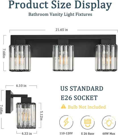 3-Light Modern Bathroom Light Fixtures, Black Vanity Light Over Mirror | Bathroom Vanity Wall Light with Square Crystal Shades, Vanity Lights for for Mirror, Bathroom, Restroom, E26 Socket, ETL
