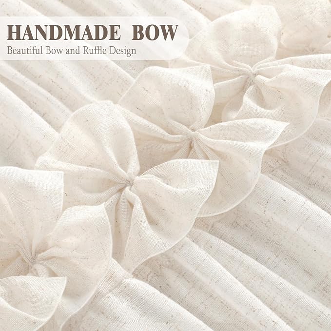 Ruffle Farmhouse Linen Shower Curtain with Vintage Bow Cream 72" W x 84" H | Linen Blend Fabric, Ruffle Bow and Ruffled Hem，Linen Texture，Machine Washable，12 Metal Holes and Plastic Hooks