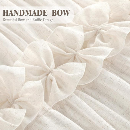 Ruffle Farmhouse Linen Shower Curtain with Vintage Bow Cream 72" W x 84" H | Linen Blend Fabric, Ruffle Bow and Ruffled Hem，Linen Texture，Machine Washable，12 Metal Holes and Plastic Hooks
