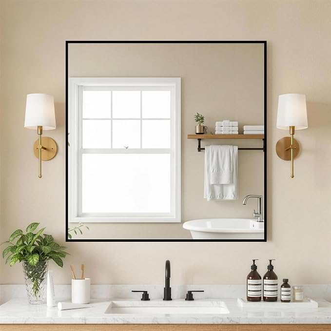 FICTOR Bathroom Vanity Mirror for Over Sink, 30" x 30", Black | Anti-Rust Frame, Shatterproof Tempered Glass, Vertical/Horizontal Wall Mounted Mirror for Bedroom, Entryway, Living Room