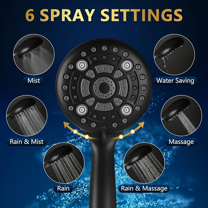 6 Spray Modes High Pressure Handheld Showerhead Set Upgraded 5 Inches Shower Head with Handheld Spray Matte Black Handheld Shower Head 60 Inches Stainless Steel Hose-1-Min Install