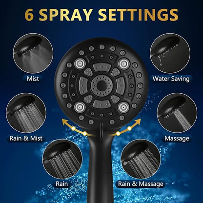 6 Spray Modes High Pressure Handheld Showerhead Set Upgraded 5 Inches Shower Head with Handheld Spray Matte Black Handheld Shower Head 60 Inches Stainless Steel Hose-1-Min Install