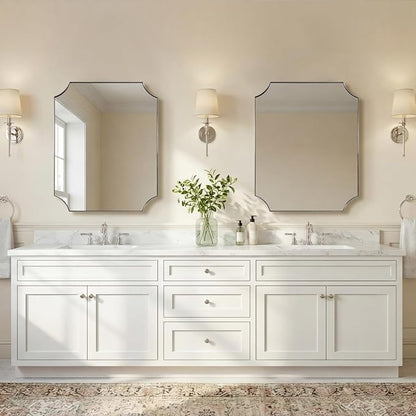 24"x30" Brushed Nickel Vanity Mirror, Scalloped Rectangle Mirror, Silver Wall Mirror in Rustproof Stainless Steel Thin Frame, Aesthetic Scalloped Corners, Designed for Bathroom Remodel
