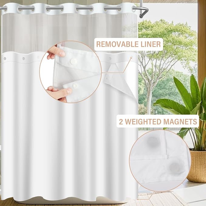 No Hook Shower Curtain with Snap in Liner Set, Peach, 71x74 | Waterproof Fabric for Bathroom, Modern Hotel Style Ombre Design, Mesh Top Window, Machine Washable, Quick Install