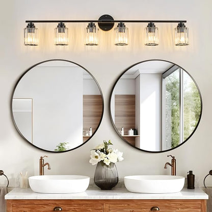 Modern 6-Light Black Vanity Light, 45.7" Crystal Bathroom Light Fixture, Vanity Lights with Clear Crystal Shades, E26 Base Wall Sconces Over Mirror for Bathroom Powder Room