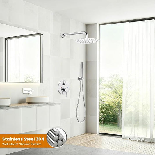 gotonovo Shower Faucet Set with Rough-in Valve Trim Kit,Polish Chrome | 10 Inch Round Rain Showerhead with Handheld Spray,Bathroom Wall Mount Shower System Complete Combo,2-in-1 Diverter,All Metal