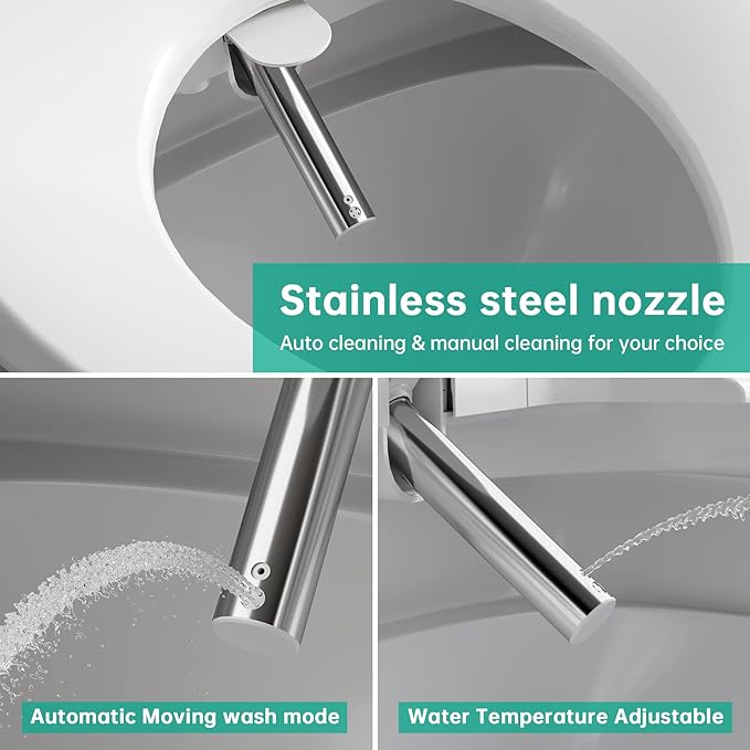 Heated Smart Toilet Seat with Feminine Wash & Dryer, Elongated Bidet with Adjustable Water Temperature, Pressure & Nozzle Position, Easy Installation & Soft-Close Lid for Modern Bathrooms