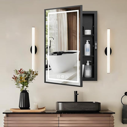 LED Medicine Cabinet Mirror for Bathroom 20x26 Inch, Recessed Medicine Cabinets with Lights, Black Anti-Fog Bathroom Mirror with Storage, Full Metal, Adjustable Shelves, 3 Colors