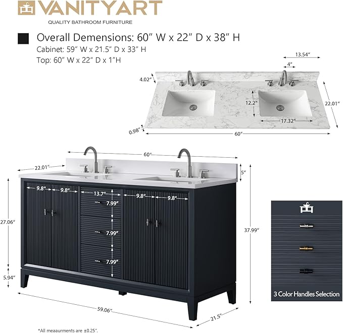 Vanity Art 60" Bathroom Vanity with Double Sink & Arabescato White Engineered Stone Top, Soft Closing Door, Solid Wood Frame, Golden Brushed Handles, Vintage Spruce Blue VA8160D-VSB-GB